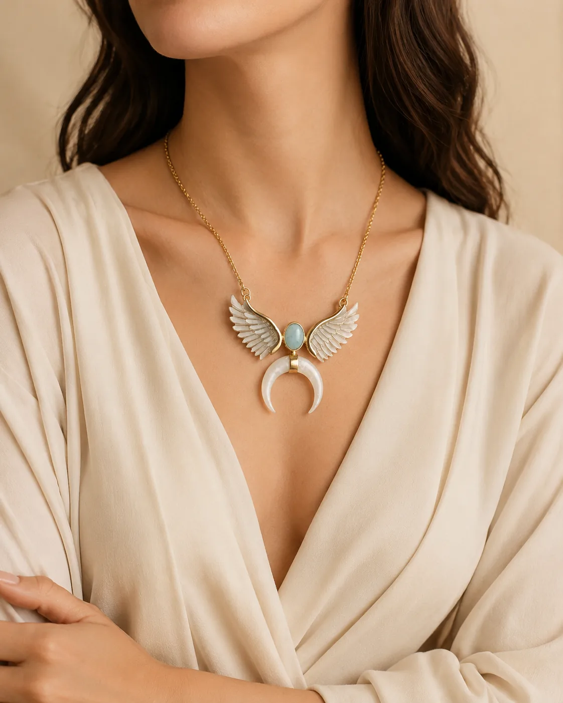 Moon Wings Necklace on model
